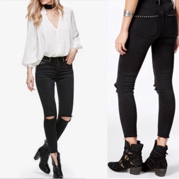 Free People SZ 27 Payton High Waist Studded Jeans Faded Black 80’s Retro Grunge - Picture 2 of 16
